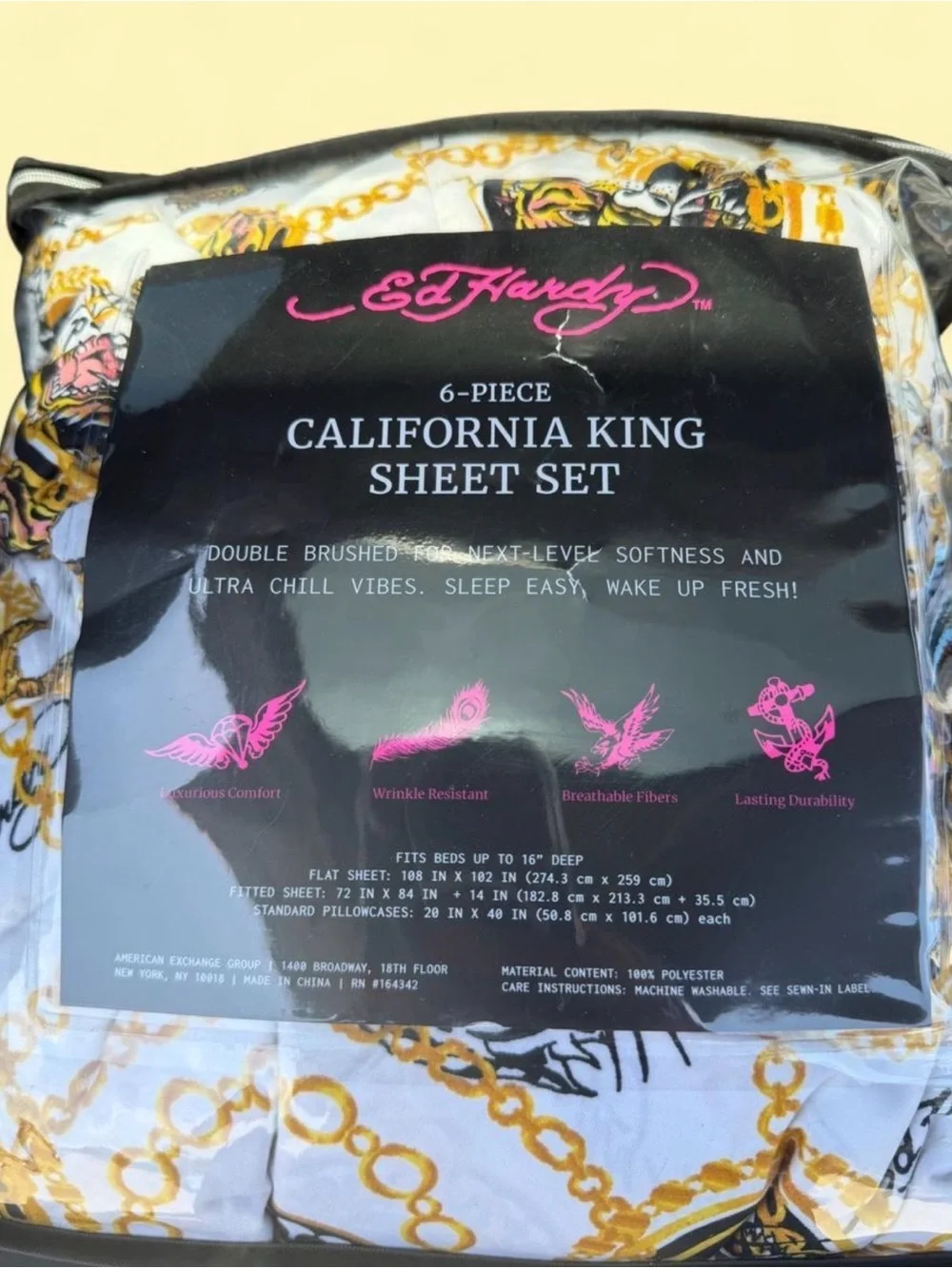 Ed Hardy California King Sheet Set in White with Gold Chain Motif